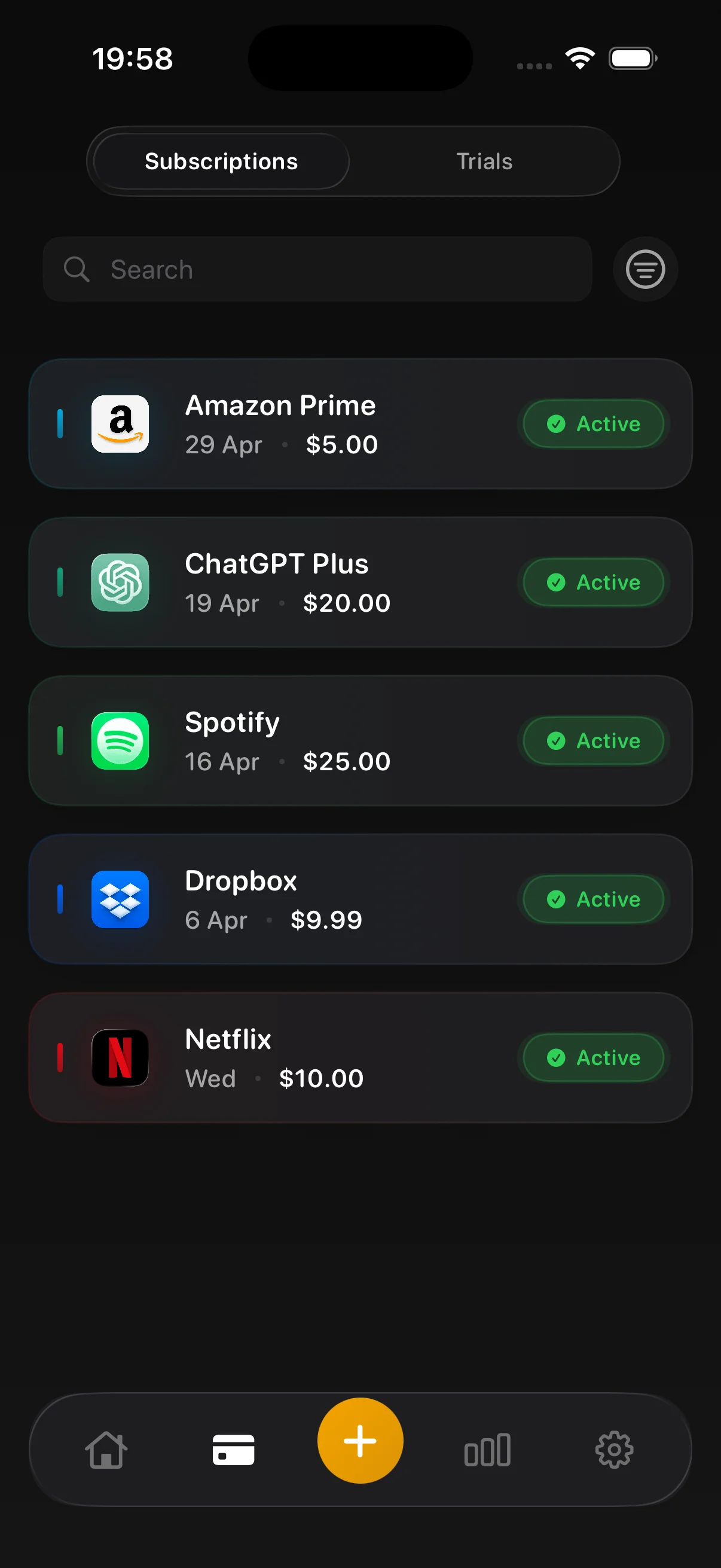 Trackery subscription list showing active subscriptions with prices and renewal dates