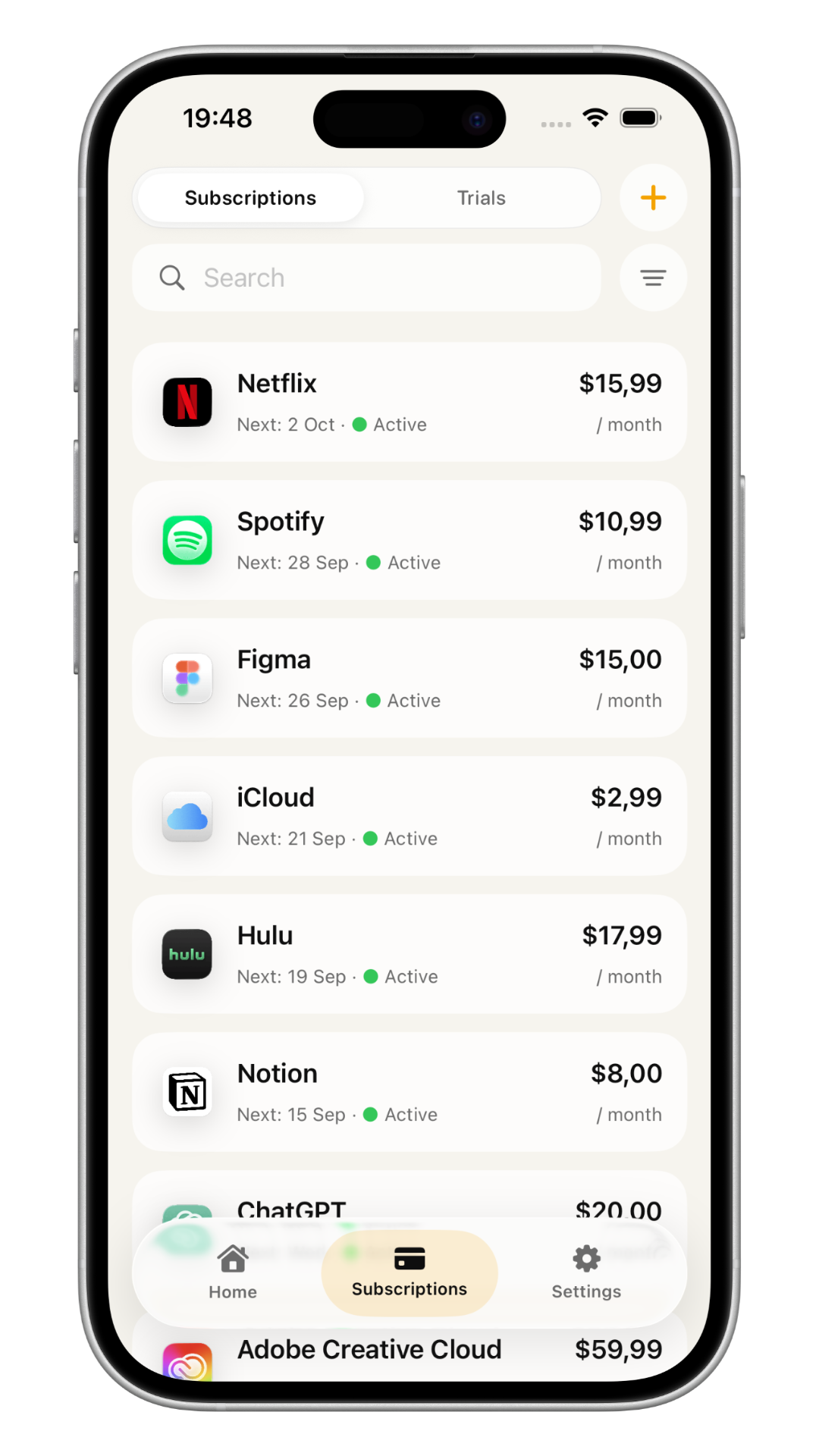 Subscription list with renewal dates